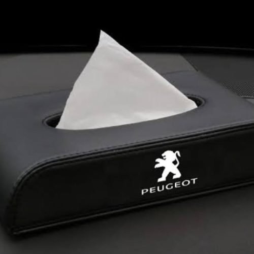 High Quality Tissue Box for Car – PEUGOT Logo –  Leather – Black